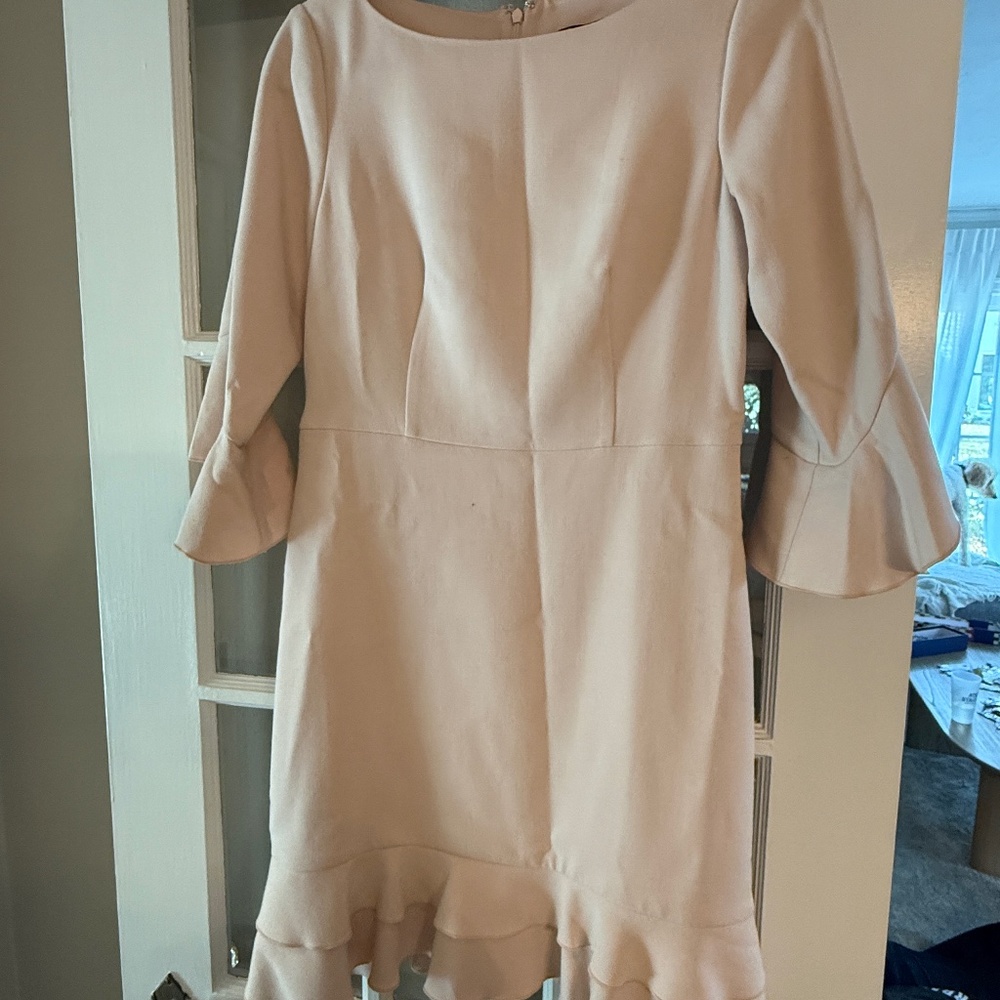 Ann Taylor Pastel Pink Flare 3/4 Sleeve Boat Neck Flounce Hem Sheath Dress 2